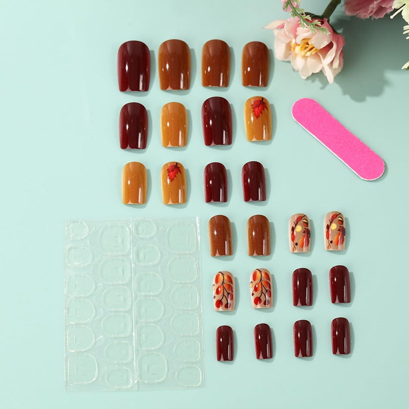 CJDLTS Thanksgiving Press on Nails Medium Ballet Shaped Fall Maple Leaf False Nail Full Cover Glossy Autumn Press Ons Stick on Nail Artificial Acrylic Fingernails Festival Glue on Nails for Women 24Pcs - Image 4
